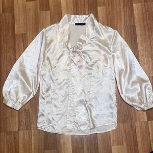 Chic Minimalist Satin Cream Blouse - OfficeorParty